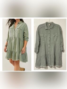 Pilcro Dress Deanna Tiered Mini Shirtdress Linen Blend Washed Button-Front PM